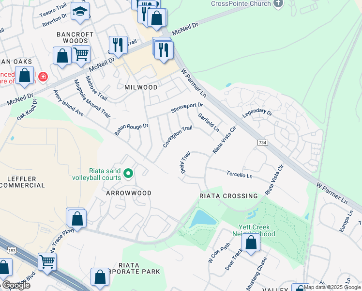 map of restaurants, bars, coffee shops, grocery stores, and more near 5705 Diehl Trail in Austin