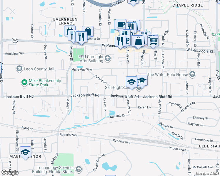 map of restaurants, bars, coffee shops, grocery stores, and more near 415 Essex Drive in Tallahassee