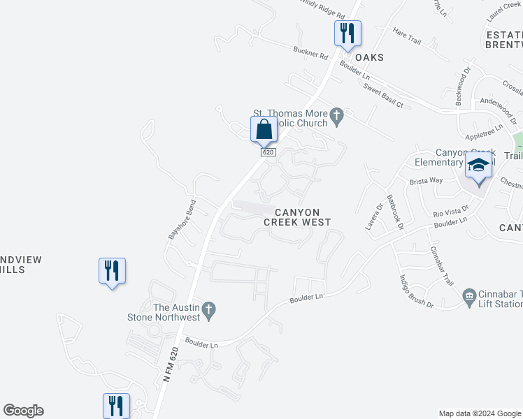 map of restaurants, bars, coffee shops, grocery stores, and more near 9511 North FM 620 in Austin