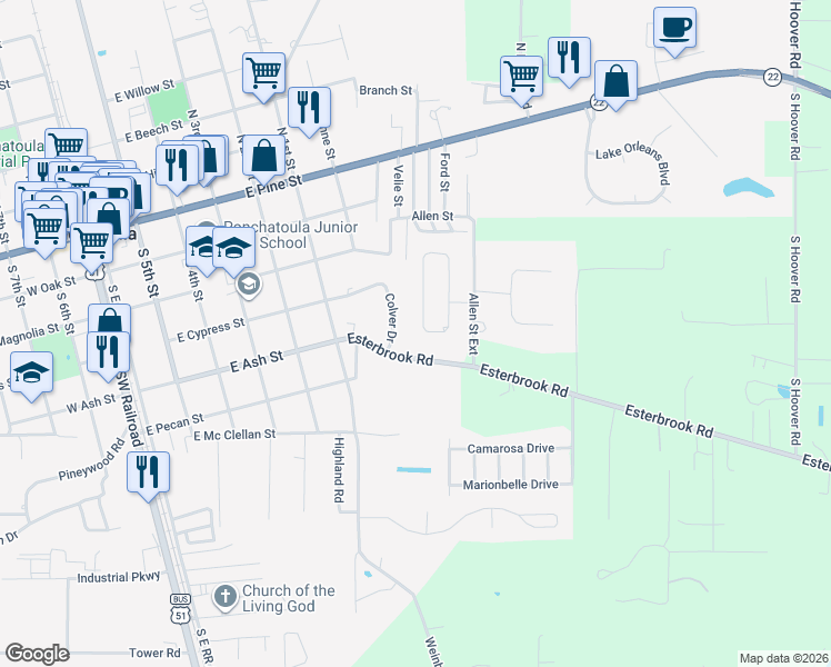 map of restaurants, bars, coffee shops, grocery stores, and more near 1014 Esterbrook Road in Ponchatoula