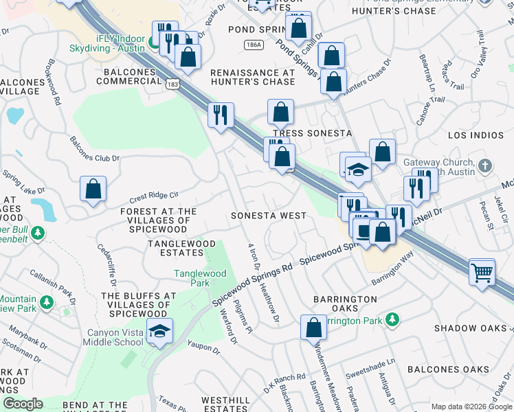map of restaurants, bars, coffee shops, grocery stores, and more near 8413 Fathom Circle in Austin