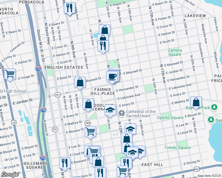 map of restaurants, bars, coffee shops, grocery stores, and more near 2015 North 12th Avenue in Pensacola