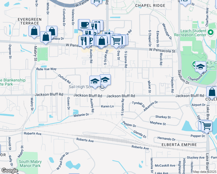 map of restaurants, bars, coffee shops, grocery stores, and more near 2006 Jackson Bluff Road in Tallahassee