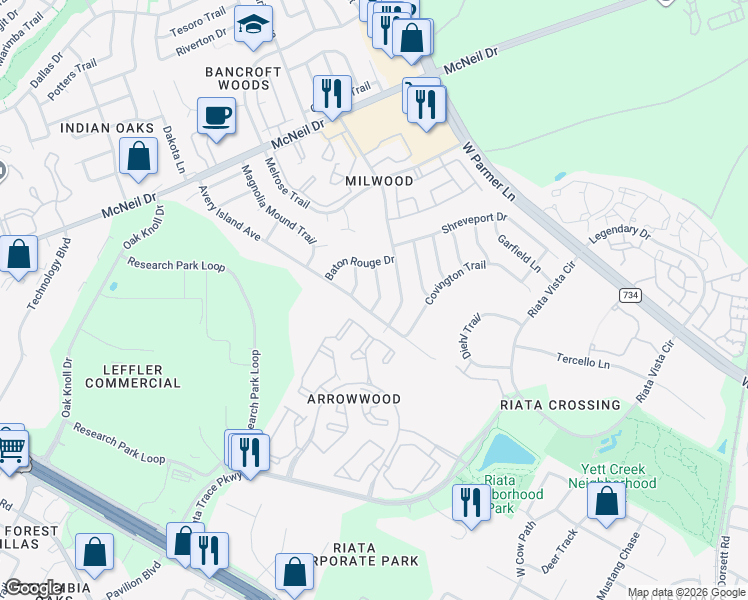 map of restaurants, bars, coffee shops, grocery stores, and more near 5902 Avery Island Avenue in Austin