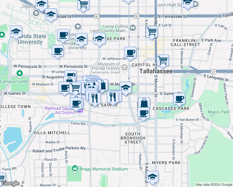 map of restaurants, bars, coffee shops, grocery stores, and more near S Boulevard Street South in Tallahassee