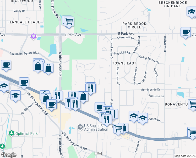 map of restaurants, bars, coffee shops, grocery stores, and more near 2310 Tina Drive in Tallahassee