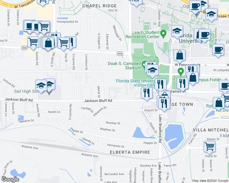 map of restaurants, bars, coffee shops, grocery stores, and more near 1636 Jackson Bluff Road in Tallahassee