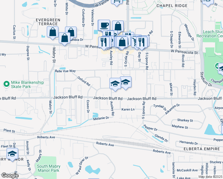 map of restaurants, bars, coffee shops, grocery stores, and more near 445 Ausley Road in Tallahassee