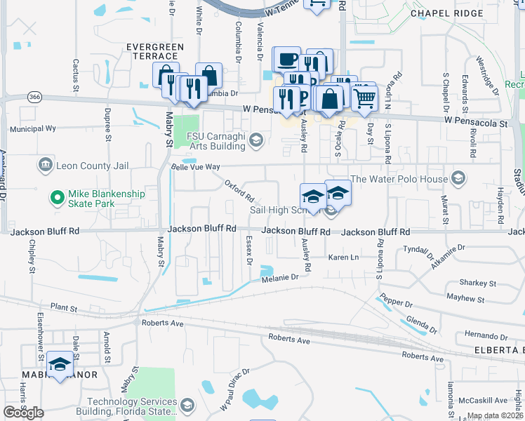 map of restaurants, bars, coffee shops, grocery stores, and more near 415 Essex Drive in Tallahassee