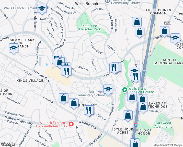 map of restaurants, bars, coffee shops, grocery stores, and more near 1900 Alex Avenue in Austin