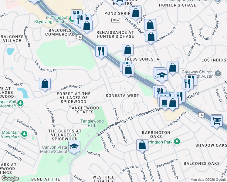map of restaurants, bars, coffee shops, grocery stores, and more near 8413 Fathom Circle in Austin