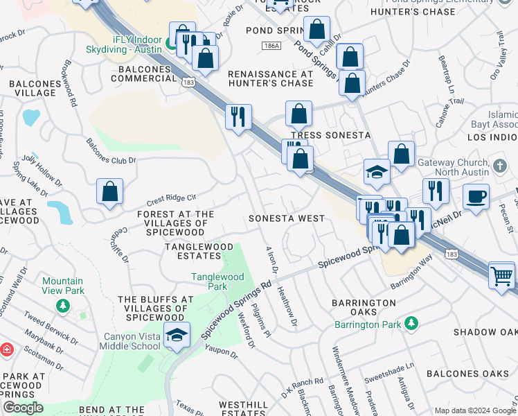 map of restaurants, bars, coffee shops, grocery stores, and more near 8413 Fathom Circle in Austin