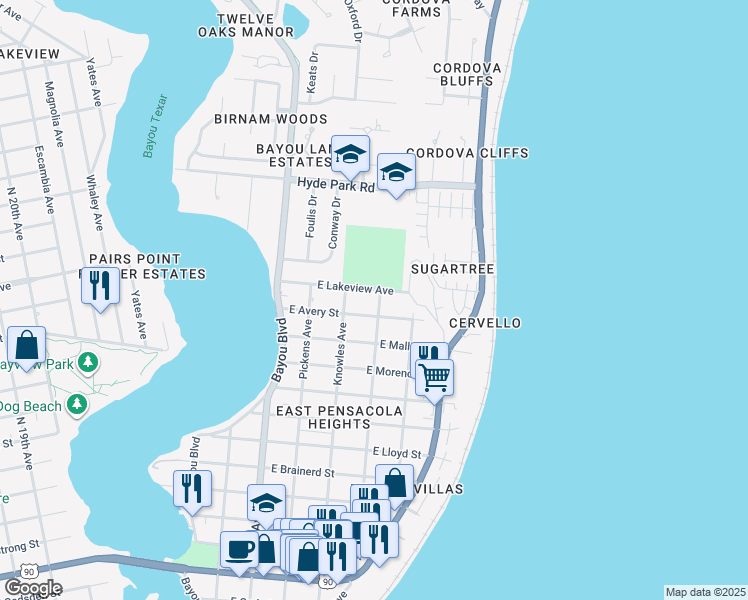 map of restaurants, bars, coffee shops, grocery stores, and more near 3110 East Avery Street in Pensacola
