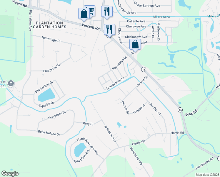 map of restaurants, bars, coffee shops, grocery stores, and more near 25388 Homestead Drive in Denham Springs