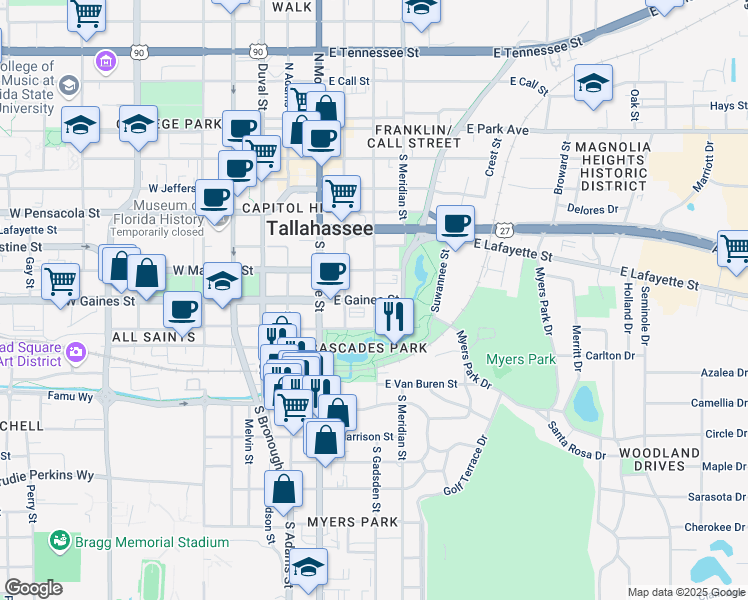 map of restaurants, bars, coffee shops, grocery stores, and more near in Tallahassee
