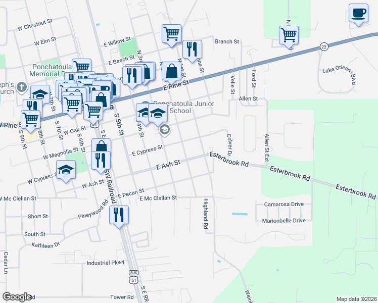 map of restaurants, bars, coffee shops, grocery stores, and more near 490 South 2nd Street in Ponchatoula