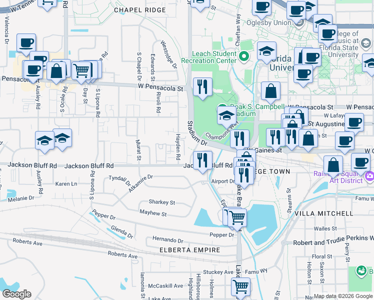 map of restaurants, bars, coffee shops, grocery stores, and more near 403 Hayden Road in Tallahassee
