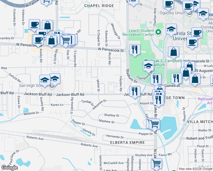 map of restaurants, bars, coffee shops, grocery stores, and more near 1636 Jackson Bluff Road in Tallahassee
