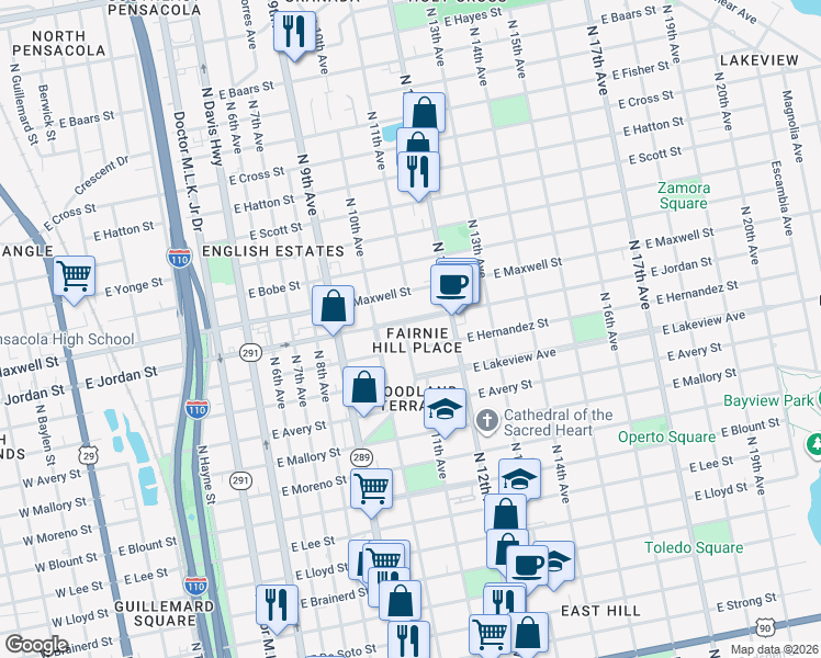 map of restaurants, bars, coffee shops, grocery stores, and more near 1101 East Jordan Street in Pensacola