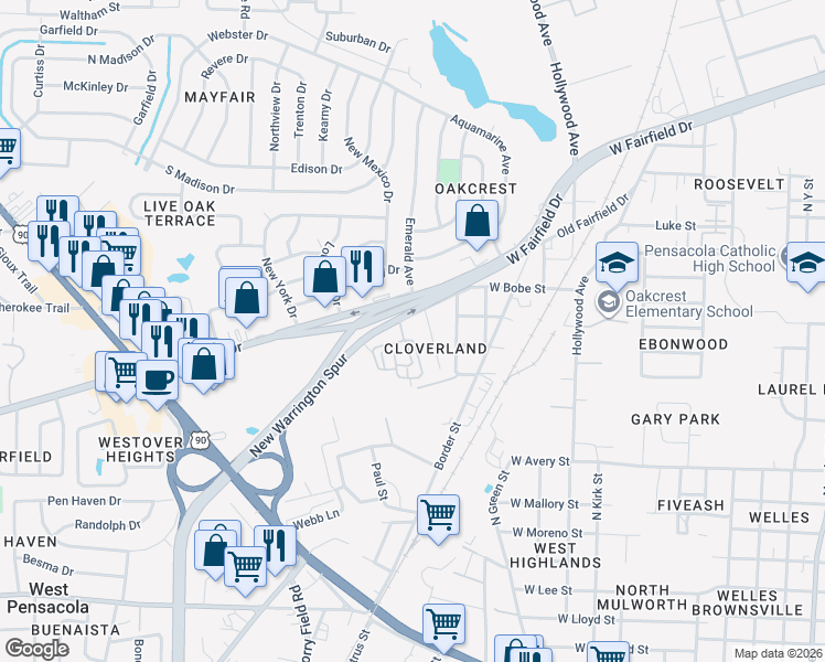 map of restaurants, bars, coffee shops, grocery stores, and more near 4003 West Bobe Street in Pensacola