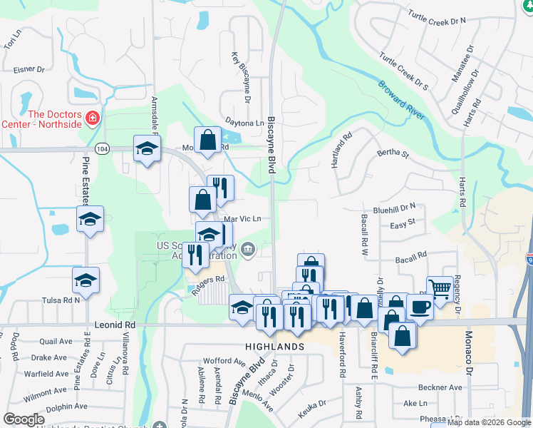 map of restaurants, bars, coffee shops, grocery stores, and more near 10964 Biscayne Boulevard in Jacksonville
