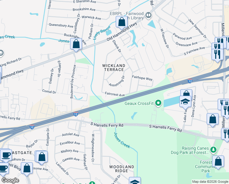 map of restaurants, bars, coffee shops, grocery stores, and more near 12224 Faircrest Avenue in Baton Rouge