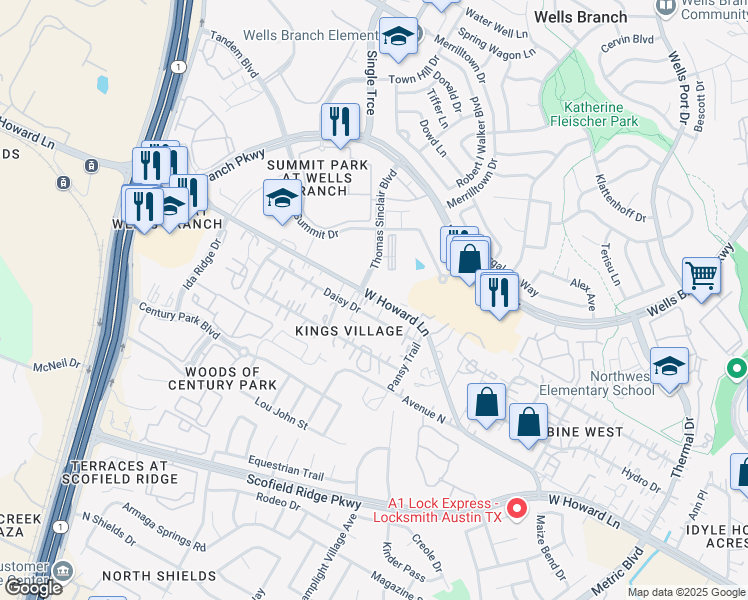 map of restaurants, bars, coffee shops, grocery stores, and more near 2311 West Howard Lane in Austin