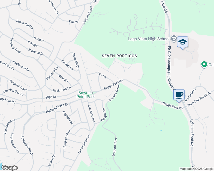 map of restaurants, bars, coffee shops, grocery stores, and more near 20008 Boggy Ford Road in Leander