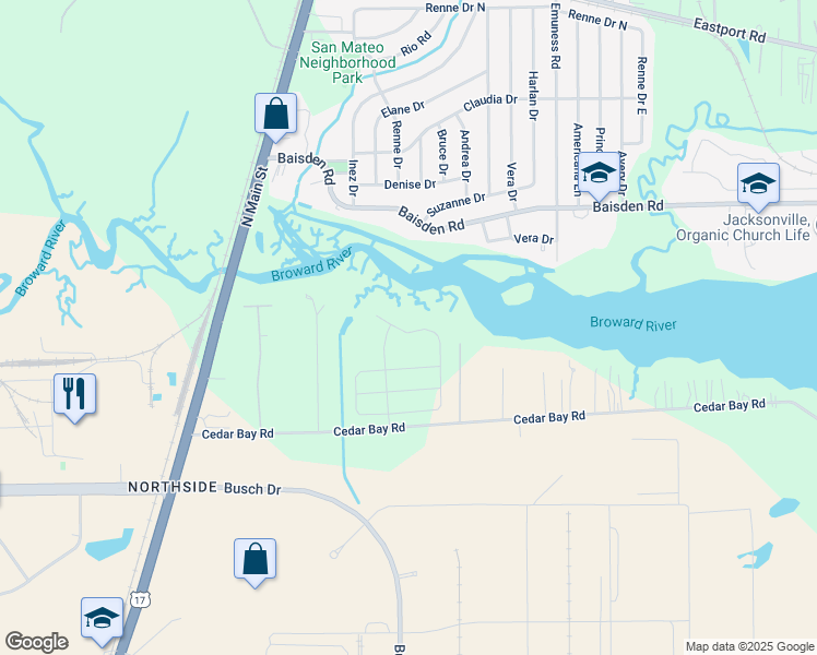 map of restaurants, bars, coffee shops, grocery stores, and more near 498 Auburn Oaks Road East in Jacksonville