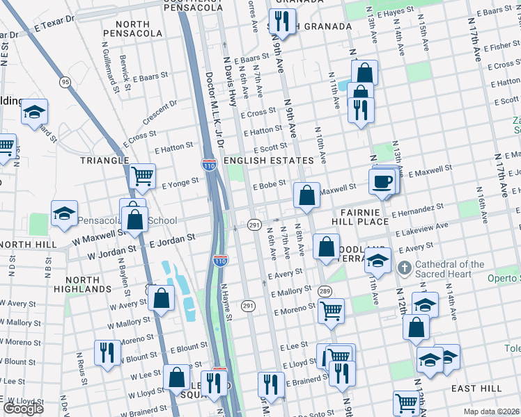 map of restaurants, bars, coffee shops, grocery stores, and more near 502 East Jordan Street in Pensacola