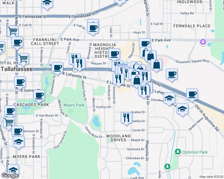 map of restaurants, bars, coffee shops, grocery stores, and more near 1052 Seminole Drive in Tallahassee
