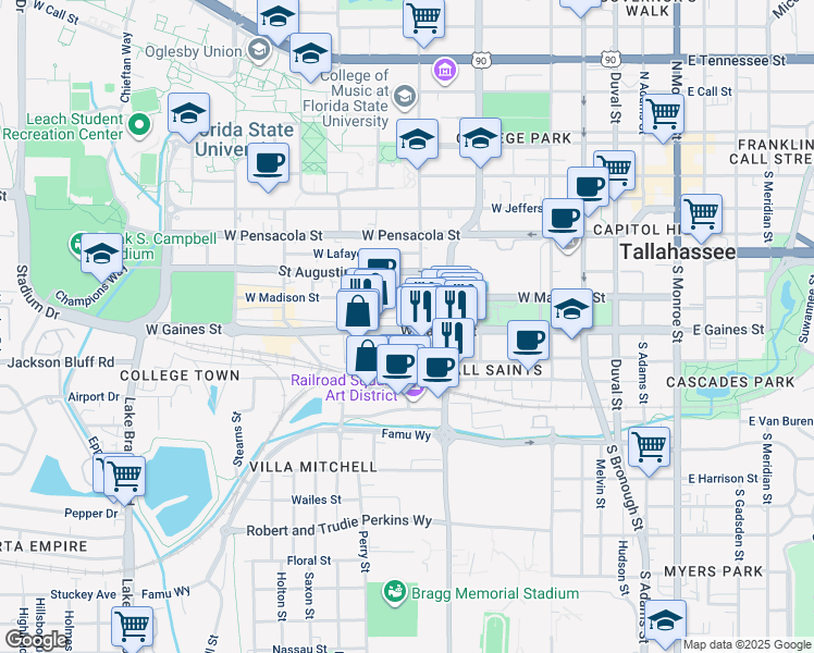 map of restaurants, bars, coffee shops, grocery stores, and more near 603 W Gaines St in Tallahassee