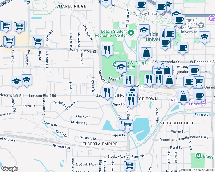 map of restaurants, bars, coffee shops, grocery stores, and more near 1360 Warrior Way in Tallahassee