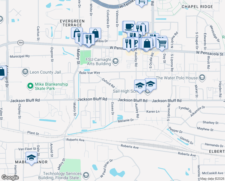 map of restaurants, bars, coffee shops, grocery stores, and more near 415 Essex Drive in Tallahassee