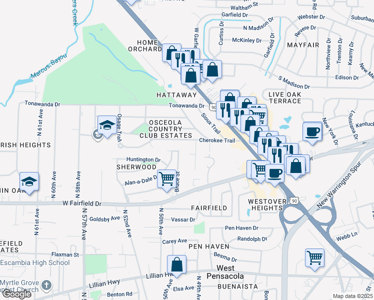 map of restaurants, bars, coffee shops, grocery stores, and more near 1626 Bruce Street in Pensacola