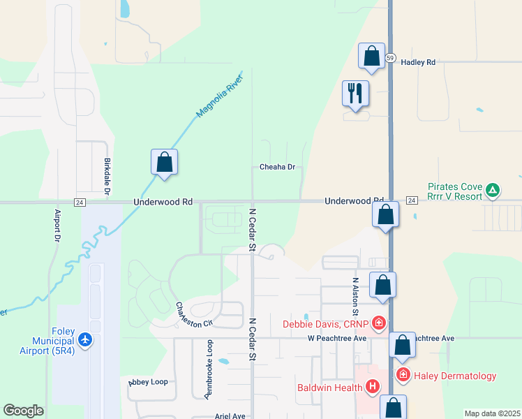 map of restaurants, bars, coffee shops, grocery stores, and more near 211 Savannah Circle in Foley