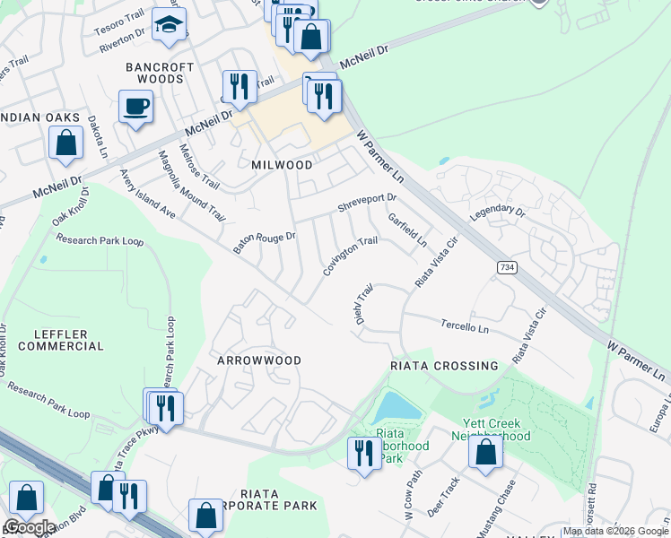 map of restaurants, bars, coffee shops, grocery stores, and more near 5705 Diehl Trail in Austin
