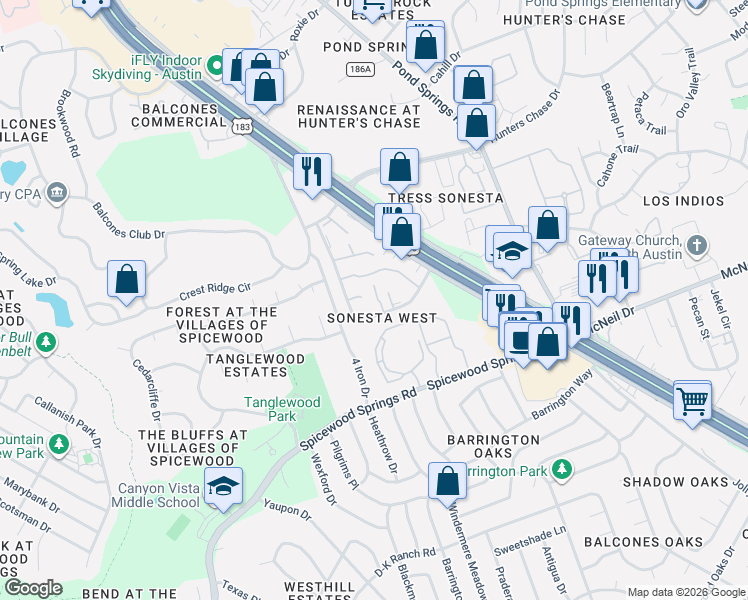 map of restaurants, bars, coffee shops, grocery stores, and more near 8335 Fathom Circle in Austin