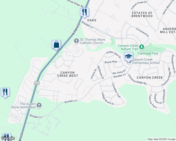 map of restaurants, bars, coffee shops, grocery stores, and more near 9824 Lavera Drive in Austin