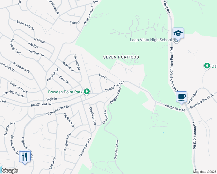 map of restaurants, bars, coffee shops, grocery stores, and more near 4304 Cooper Lane in Lago Vista