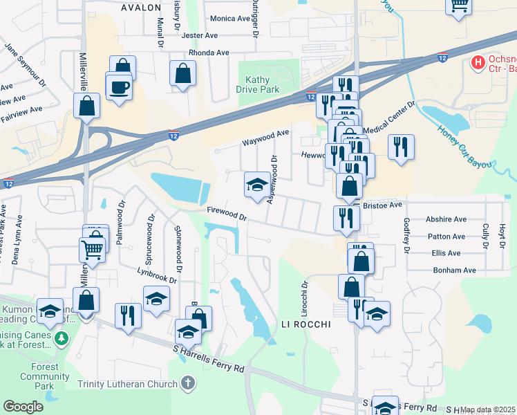 map of restaurants, bars, coffee shops, grocery stores, and more near 2330 Aspenwood Drive in Baton Rouge