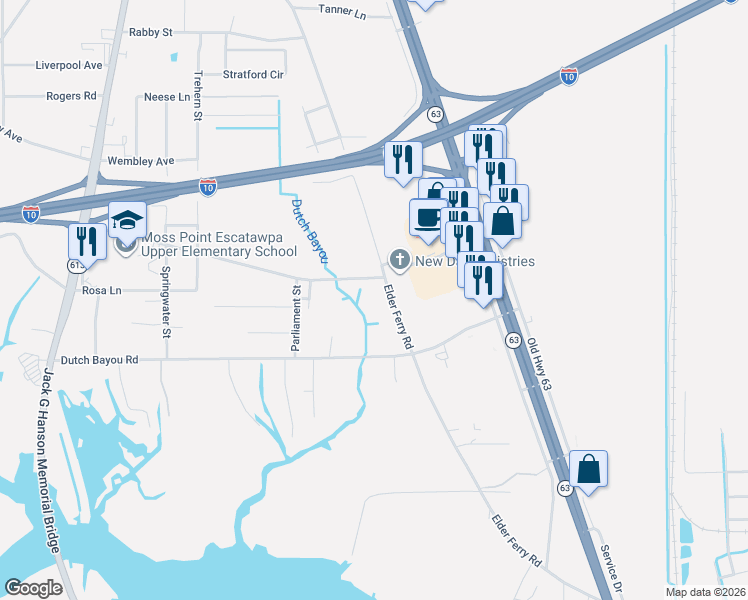 map of restaurants, bars, coffee shops, grocery stores, and more near 6709 Elder Ferry Rd in Moss Point