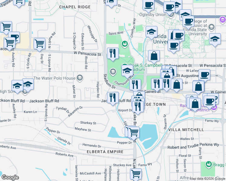 map of restaurants, bars, coffee shops, grocery stores, and more near 1360 Warrior Way in Tallahassee