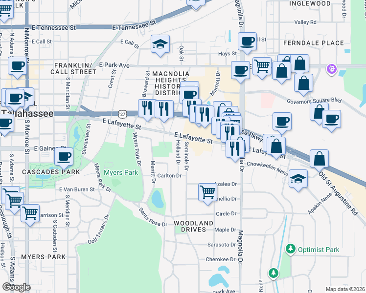 map of restaurants, bars, coffee shops, grocery stores, and more near 1052 Seminole Drive in Tallahassee