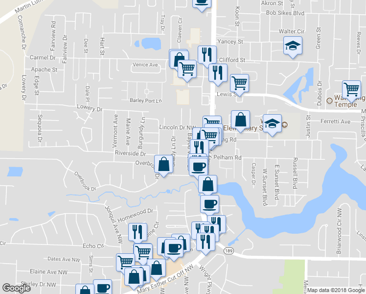 map of restaurants, bars, coffee shops, grocery stores, and more near 1808 Treeline Court in Fort Walton Beach
