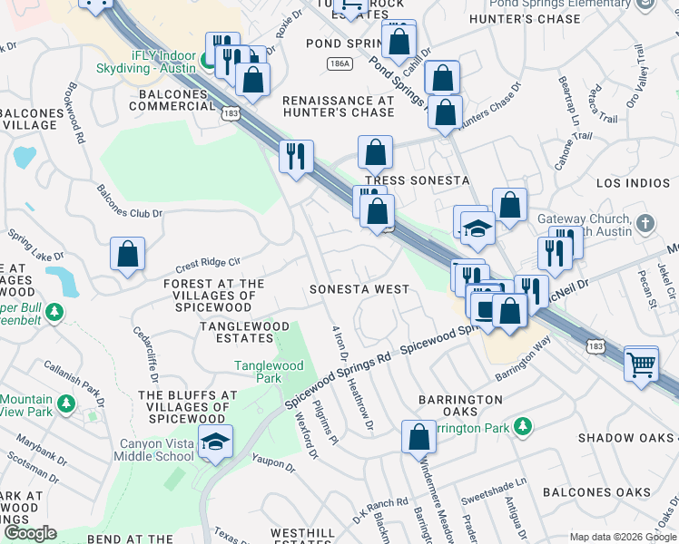 map of restaurants, bars, coffee shops, grocery stores, and more near 8413 Fathom Circle in Austin