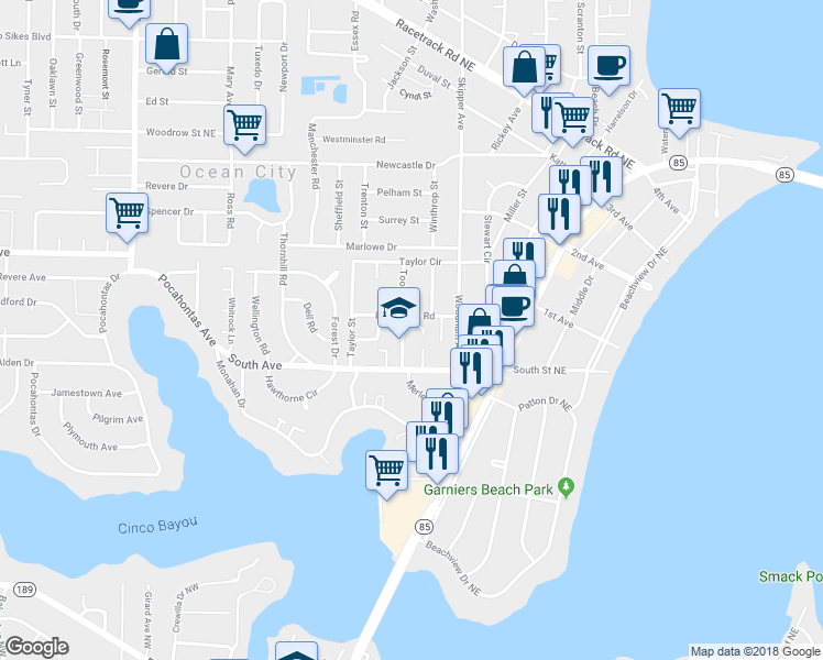 map of restaurants, bars, coffee shops, grocery stores, and more near 109 Tooke Street in Fort Walton Beach