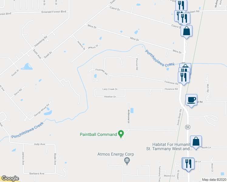 map of restaurants, bars, coffee shops, grocery stores, and more near 127 Lazy Creek Drive in Mandeville