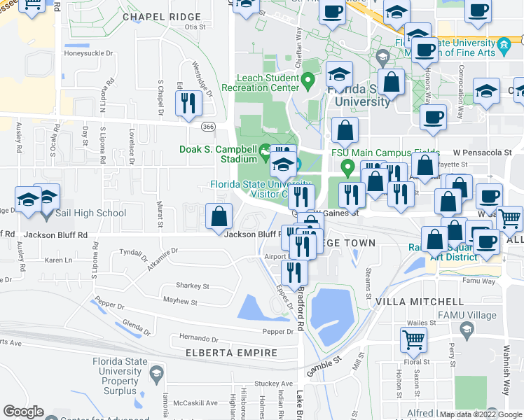 map of restaurants, bars, coffee shops, grocery stores, and more near 1308 Warrior Way in Tallahassee