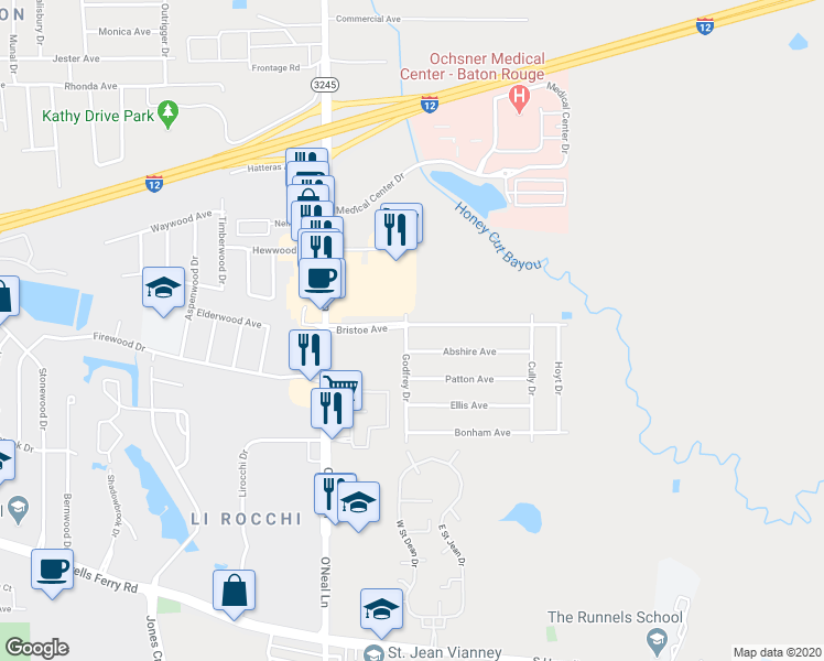 map of restaurants, bars, coffee shops, grocery stores, and more near 16410 Bristoe Avenue in Baton Rouge
